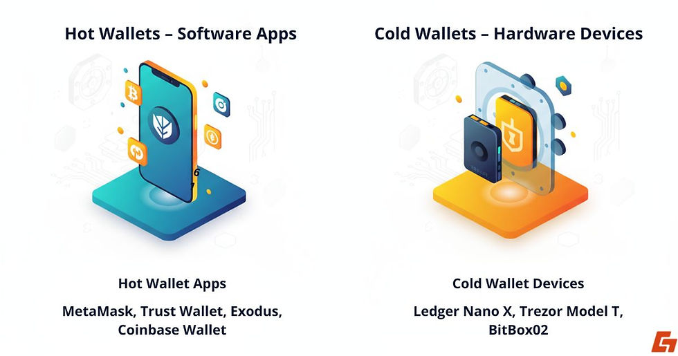 A list of popular examples of both hot and cold crypto wallets for different use cases.
