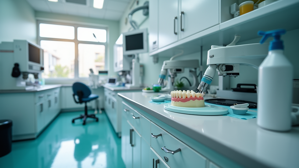 High angle view of a dental lab workstation with CAD/CAM equipment