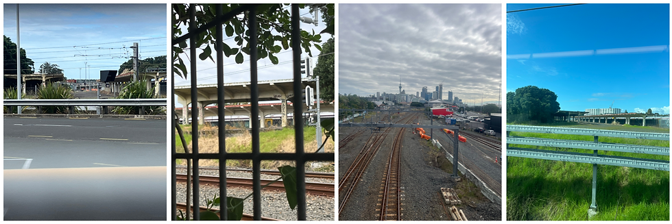 Figure 5. Views of the disused platforms at The Strand Station from publicly-accessible areas, from left to right: as viewed from Te Taou Crescent, from behind McDonald's Quay Street, from the Railway Over-Bridge, and from the window seat of a train heading to Newmarket. Photos by Sophia Schulz.
