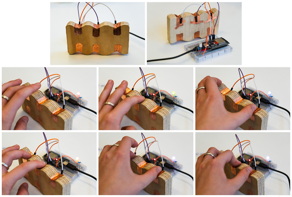 Figure 16. Pinch block interactive interface using organic wooden shape covered in copper tape; each touch interface controls either the red, green or blue channel in an RGB LED using an ESP32 microcontroller [1 hr].