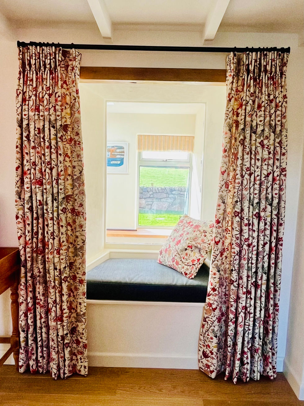 Double Pinch Pleat curtains, window cushion, roman blind, cushion