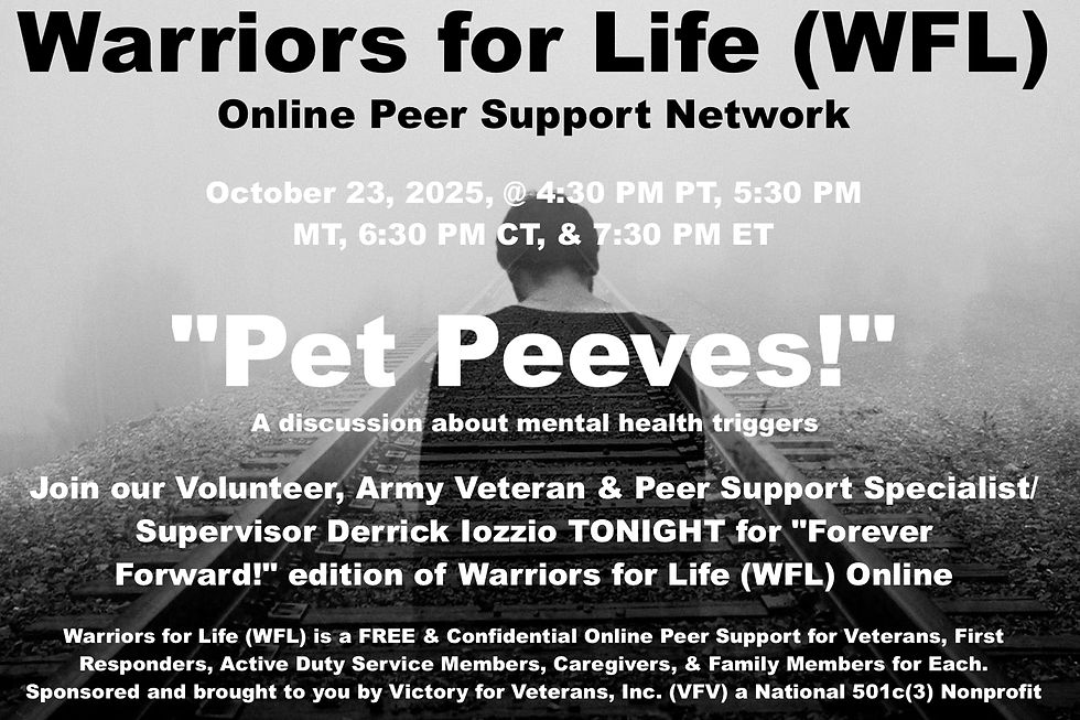 Join Derrick & Friends TONIGHT for "Pet Peeves!" with Warriors for Life (WFL)