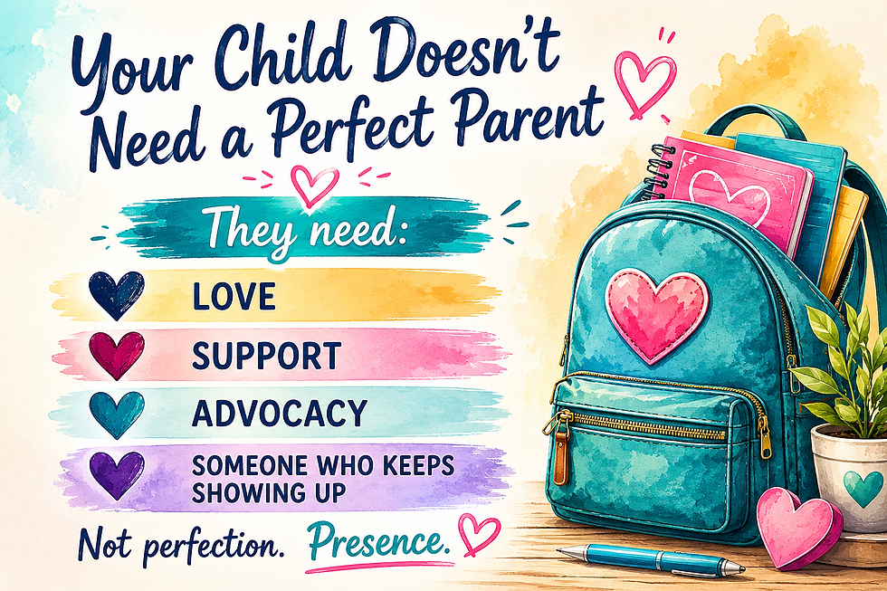 Inspirational special education advocacy graphic featuring a backpack and school supplies with the message "Your Child Doesn't Need a Perfect Parent." The image highlights the importance of love, support, advocacy, and showing up consistently for children with IEPs and 504 Plans.