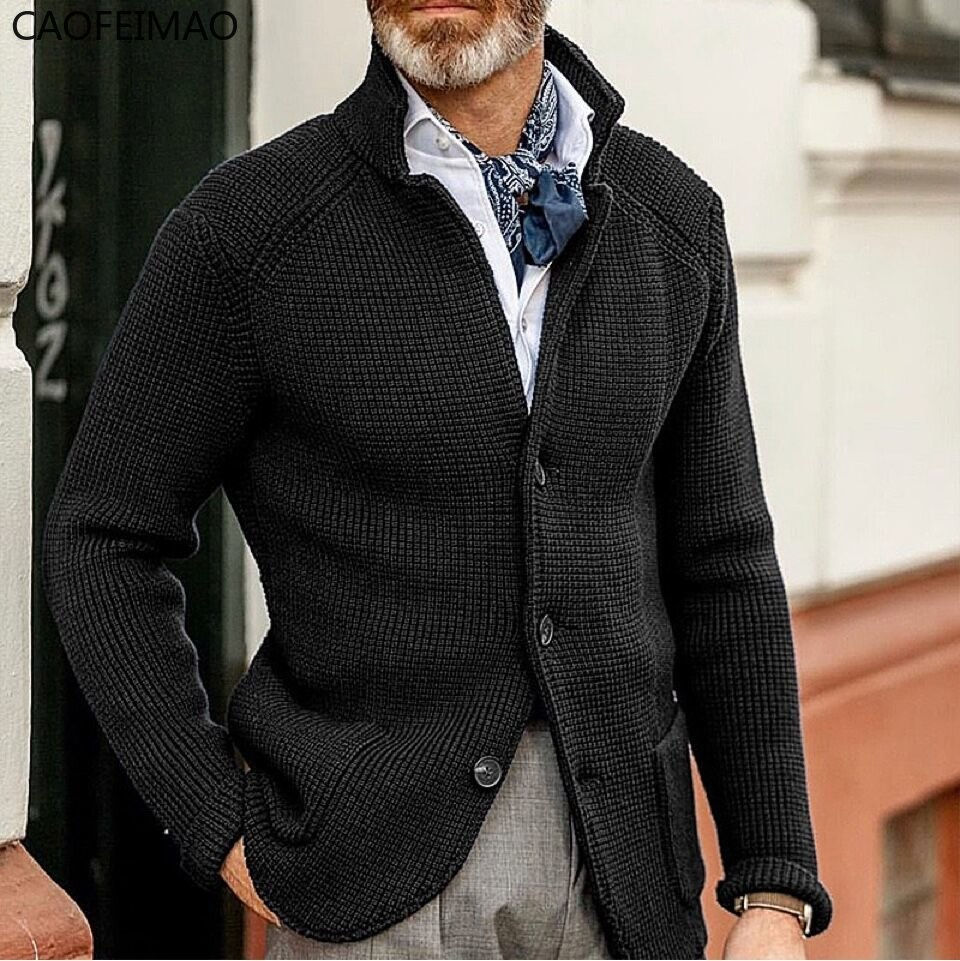 Thumbnail: Men's Slim Stand Collar Knitted Cardigan Sweater