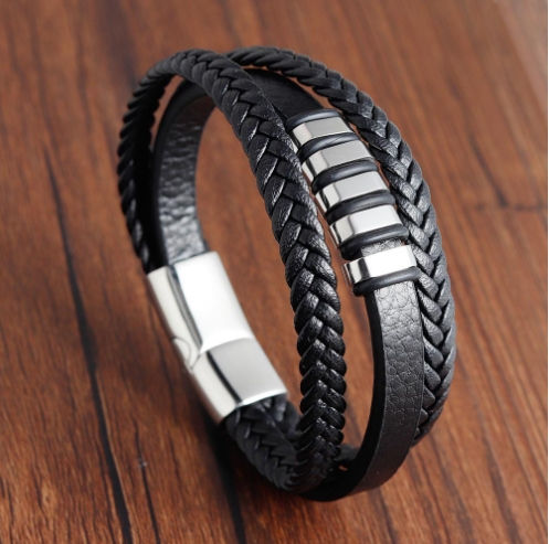 Thumbnail: Men's Multi-Layer Braided Leather Bracelet in Stainless Steel