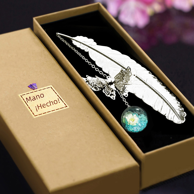 Thumbnail: Chinese Style Metal Feather Bookmark with Preserved Flowers