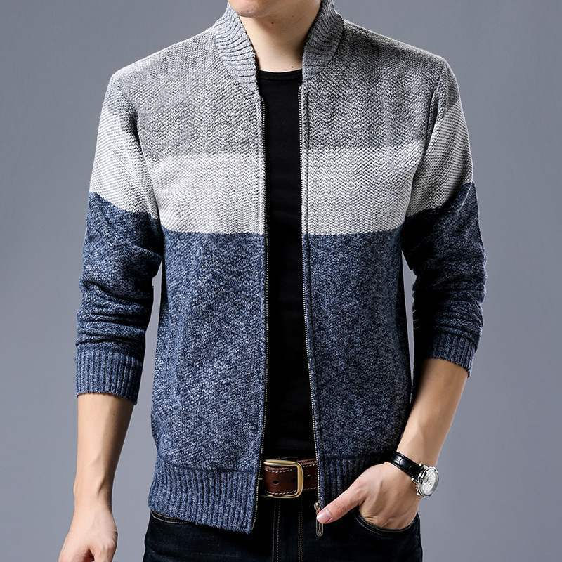 Thumbnail: Men's Color Block Knitted Cardigan with Stand Collar