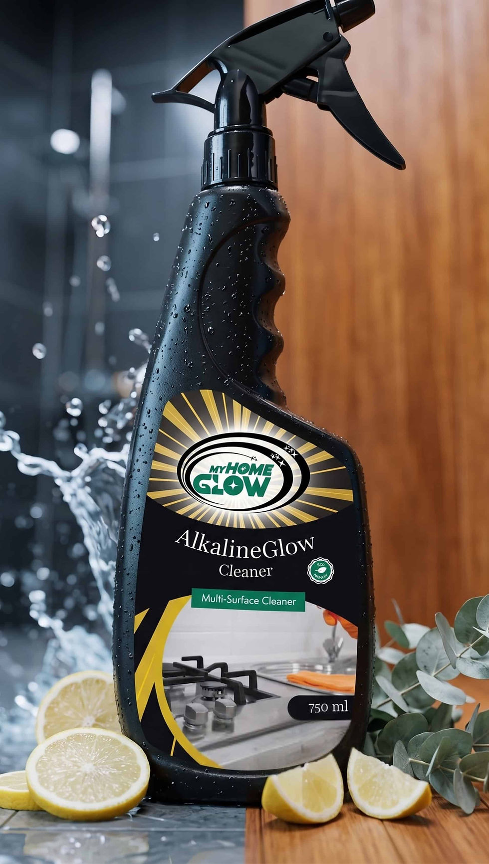 myHomeGlow AlkalineGlow multi-surface cleaner spray bottle with lemon slices and eucalyptus, 750ml