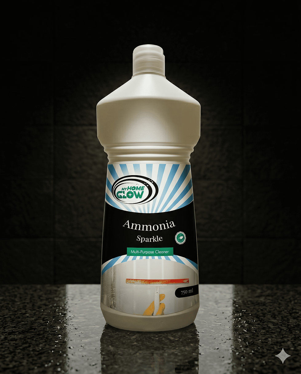 myHomeGlow Ammonia Sparkle multi-purpose cleaner bottle on dark countertop, 750ml