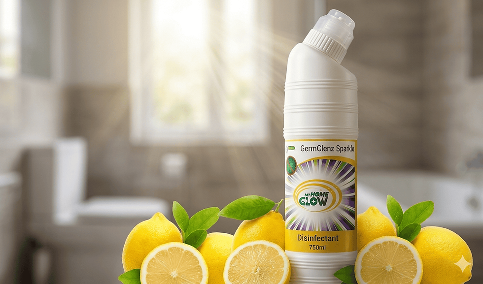 myHomeGlow GermClenz Sparkle disinfectant bottle in bathroom setting with lemons, 750ml