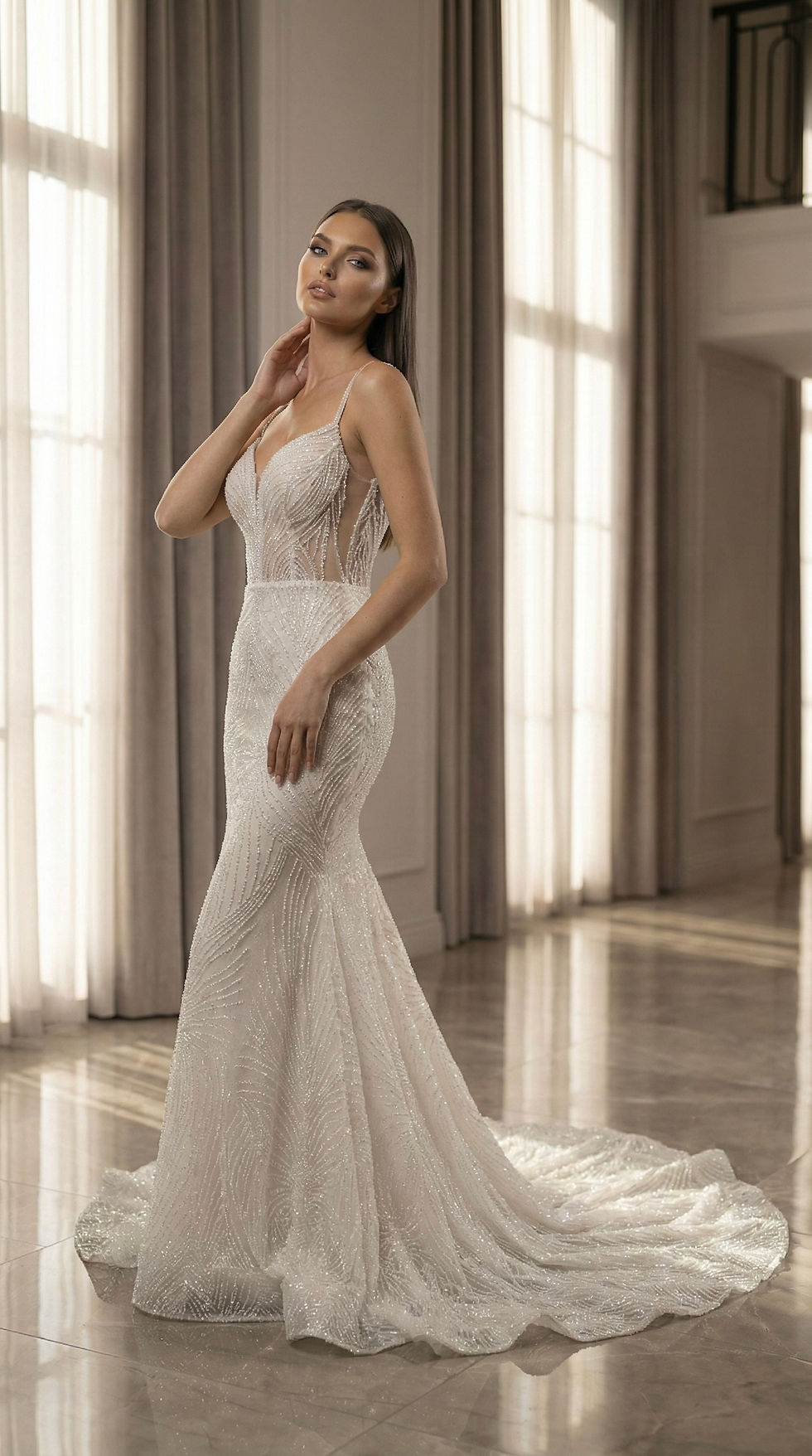 Küçük resim: Elena - Boncuk İşlemeli V Yaka Mermaid Balık Model Gelinlik