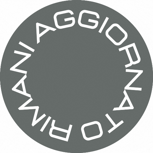 GIF animata circolare con scritta “Rimani Aggiornato” disposta a cerchio su sfondo grigio.