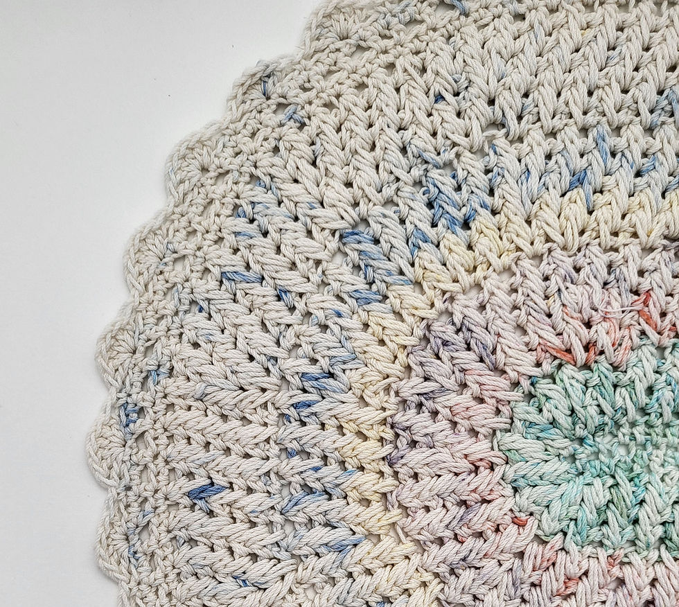 Thumbnail: Feather stitch crochet oval placemat pattern edge Trailhead yarn