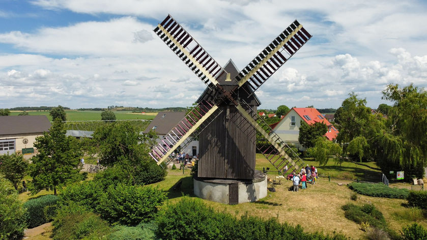 Eine kleine Windmühle aus Holz steht zwischen Bäumen und Hecken auf einer Wiese. Daneben und im Hintergrund Häuser