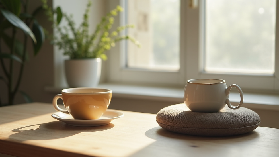 Close-up of a calm workspace with a cup of tea and a meditation cushion
