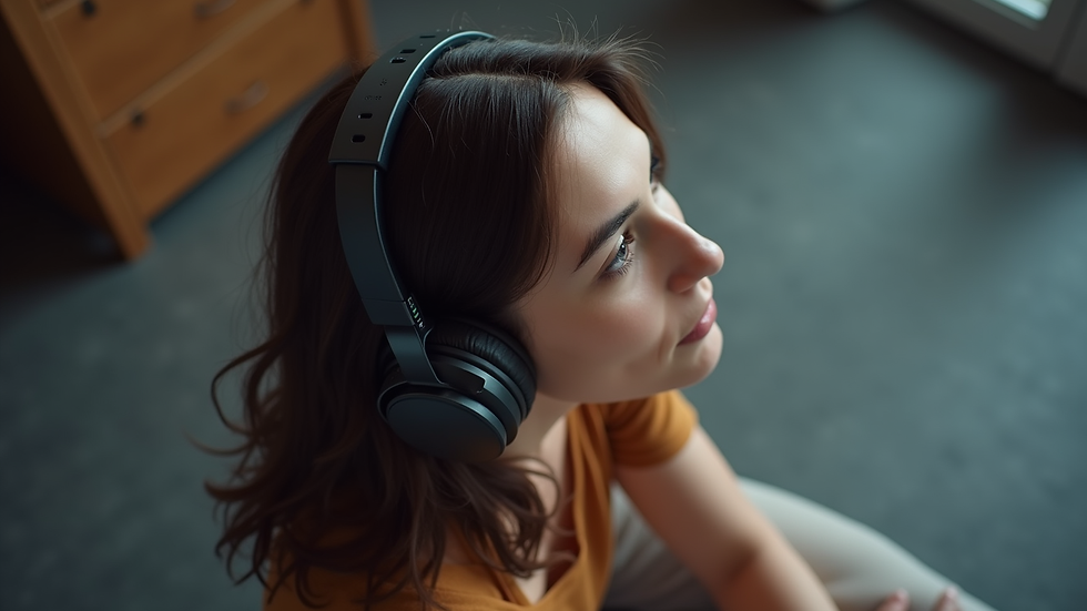 High angle view of a person listening to a podcast on headphones