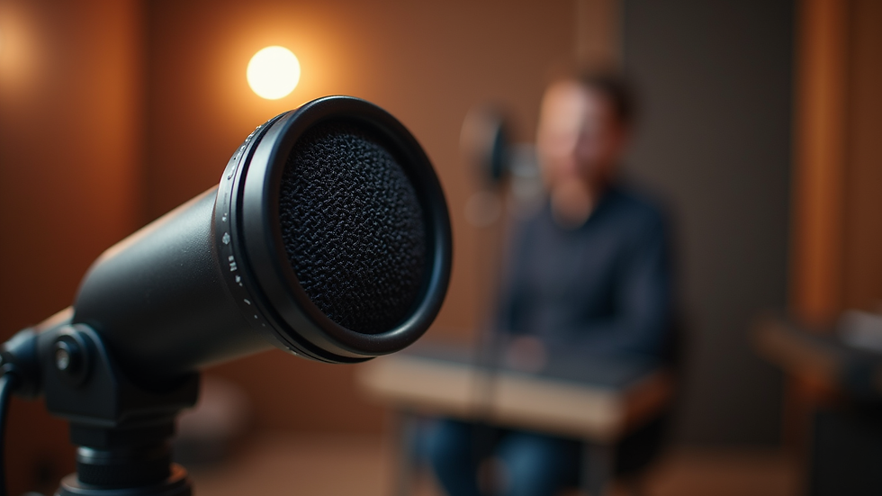 Eye-level view of a microphone in a podcast studio