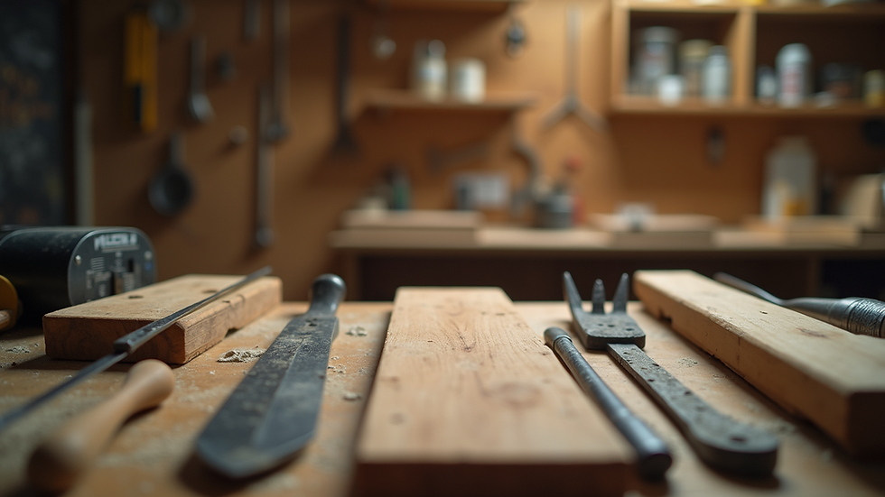 Eye-level view of a woodworking bench with tools neatly arranged