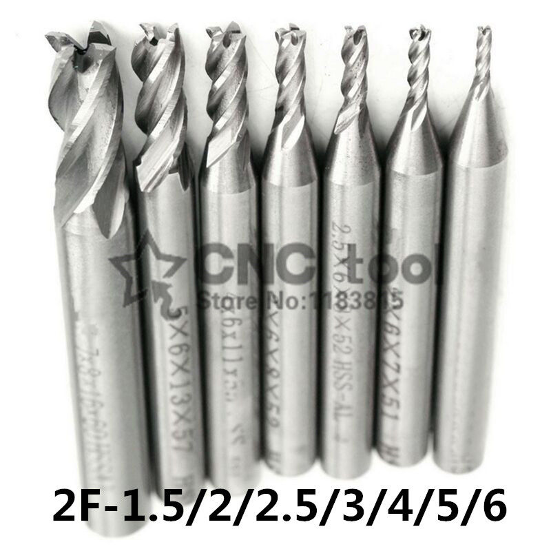7Pcs End Mill HSS 2 Flutes 1.5mm-6mm Diameter Milling Cutter Straight Shank Rout