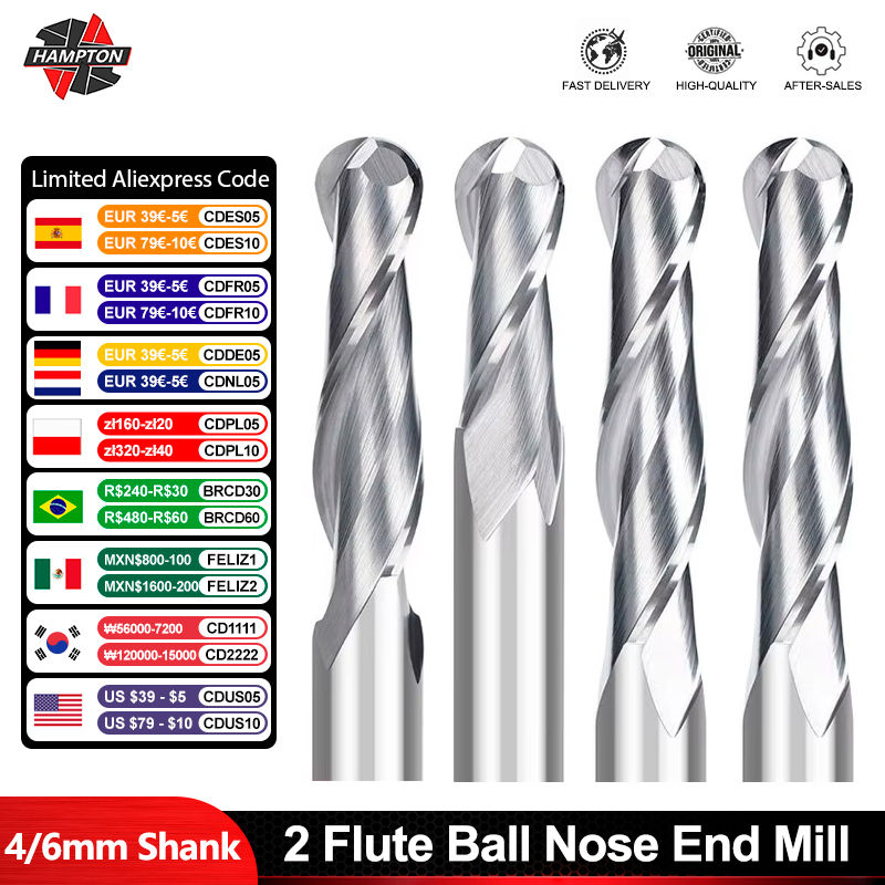 HAMPTON 2 Flute Ball Nose End Mill 3.175 4 6 8 10 12mm Shank CNC Engraving Bit C