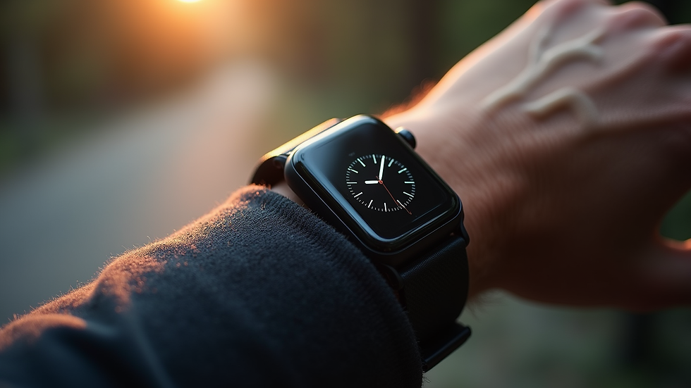 Eye-level view do smartwatch Lige AMOLED com pulseira preta em superfície clara