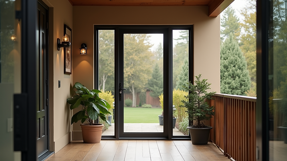 Eye-level view of custom glass door installed on a porch