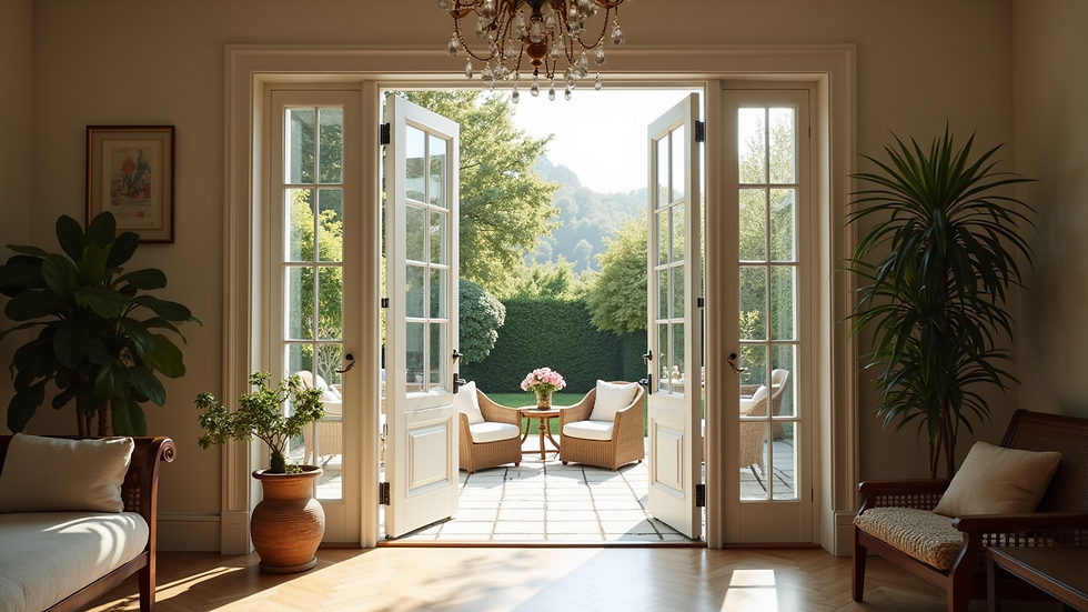 Wide angle view of a stylish French door opening to a sunroom
