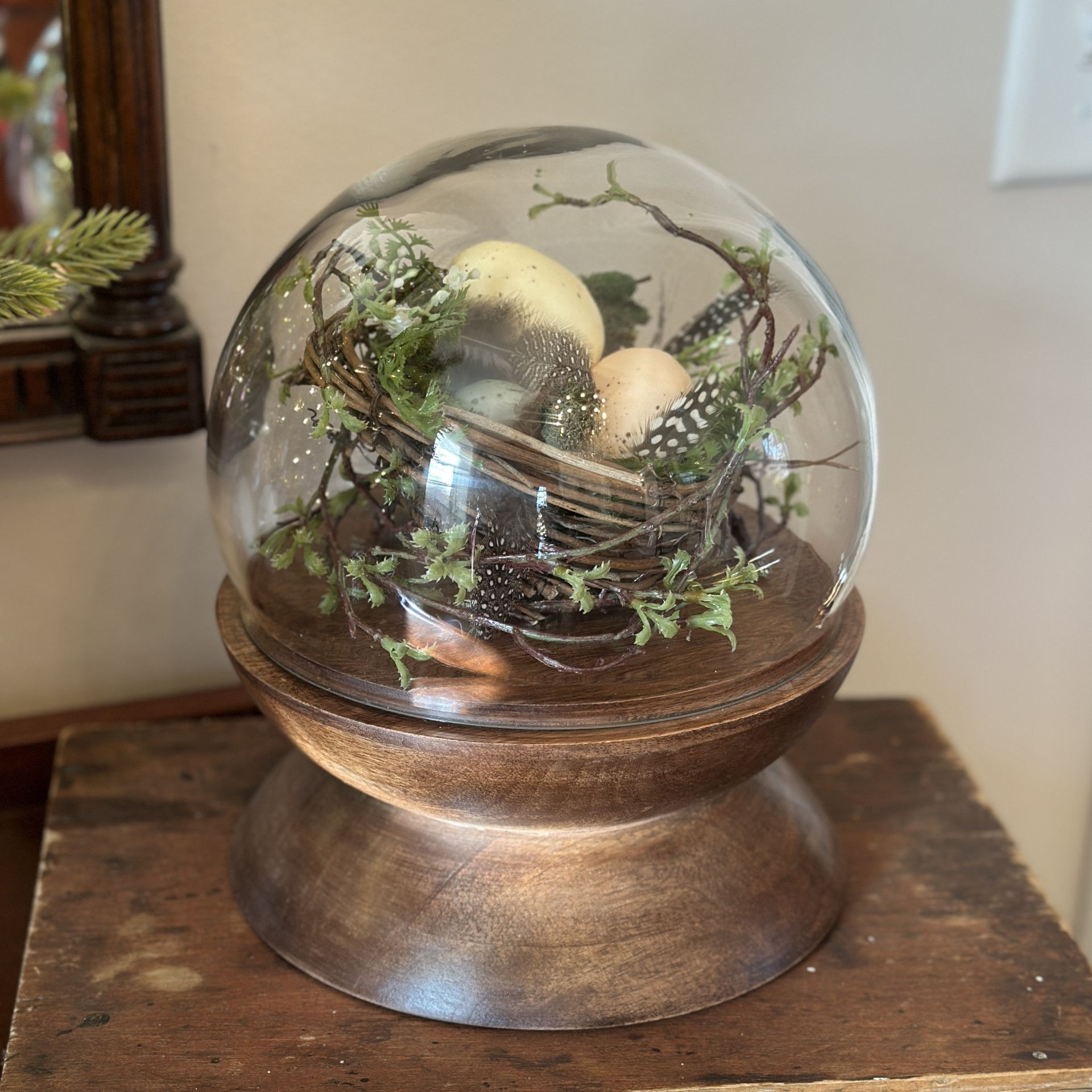 Rustic Glass Dome Cloche With Wood Pedestal Base (Empty)
