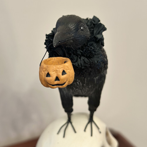 Crow With Treat Bucket On Skull Box Decoration - Bethany Lowe