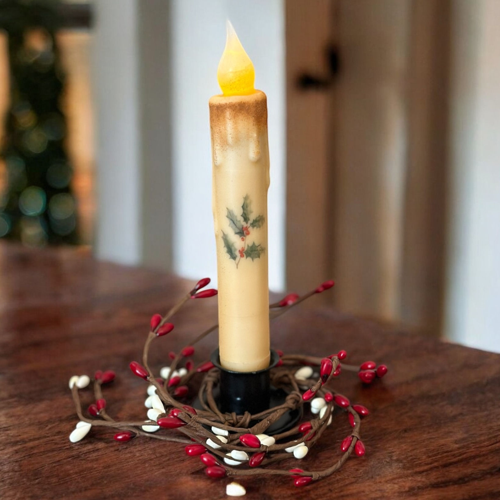 "Holly" Rustic Timer LED Candle With Holder & Candle Ring