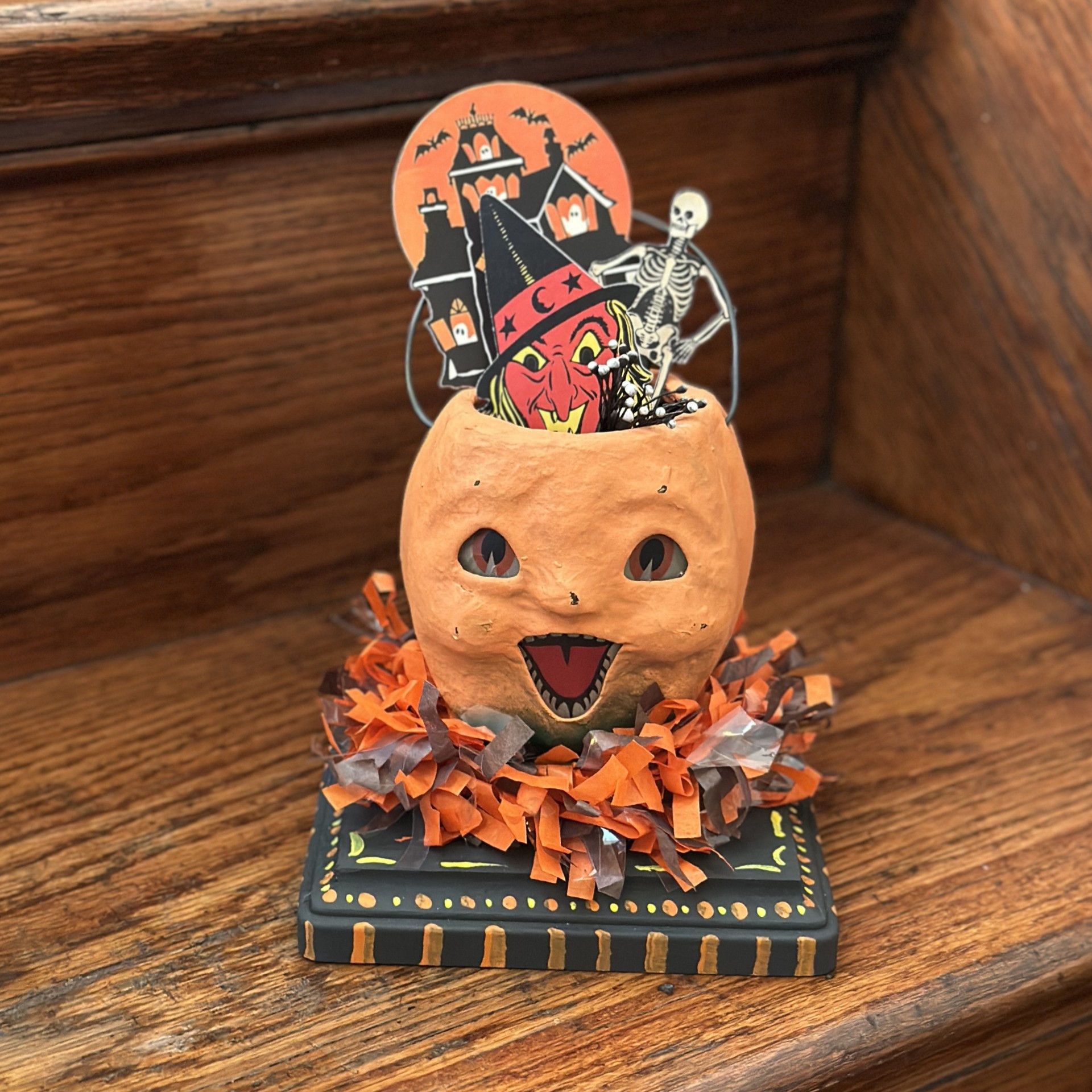 Vintage Style Pumpkin Bucket With Picks Halloween Display - Signed