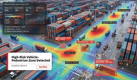 AI video analytics detecting a terminal tractor and pedestrian conflict in a container yard