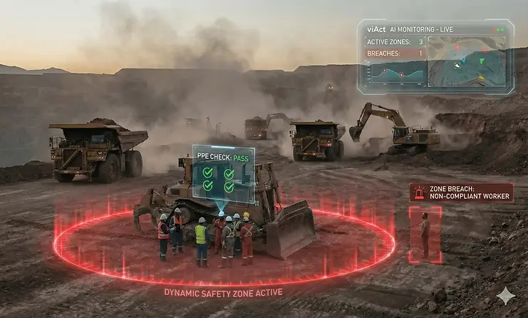viAct AI monitoring maintenance safety zones and PPE compliance at Chile mines