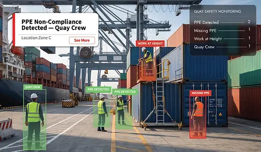 AI PPE detection checking helmet and hi-vis vest on a stevedore lasher at the quayside