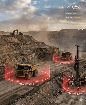 Chile-based open-pit mining operator using viAct AI-powered video analytics to monitor haul trucks, mobile equipment, and dynamic safety zones
