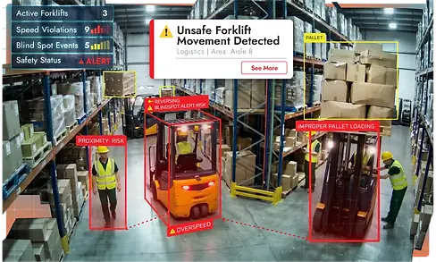 Logistics AI safety solution detecting unsafe forklift speeding and improper pallet loading.