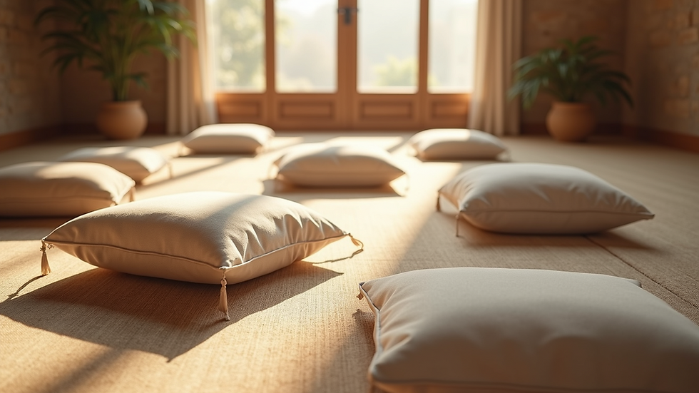 High angle view of serene room with meditation cushions