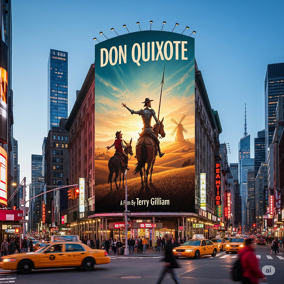 Movie Poster "Don Quixote" on a billboard in a transit city (AI Gen.)