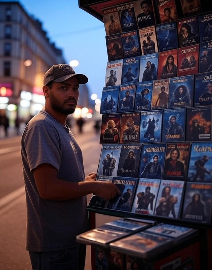 A street vendor selling bootleg copies of blockbuster movies.