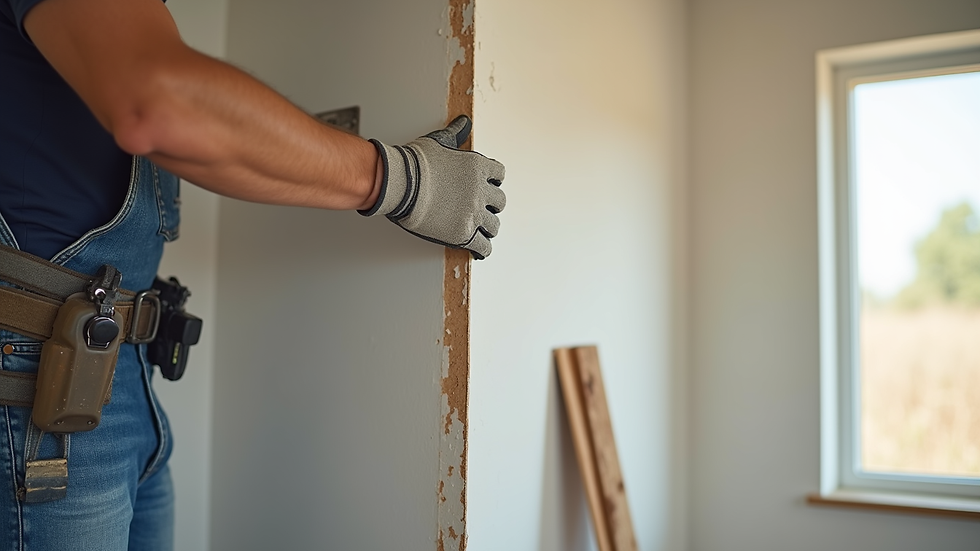 Close-up view of a construction worker installing drywall in a home renovation