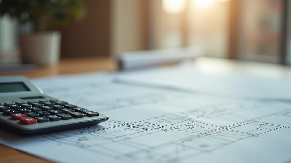 Close-up view of construction blueprints and a calculator on a wooden table