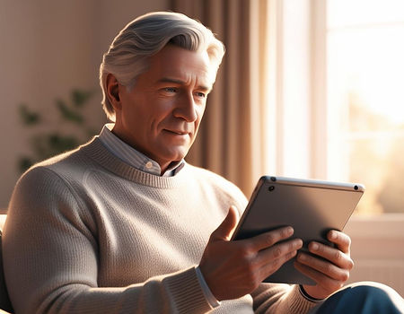 Homem de mais de 50 lendo conteúdo em um tablet