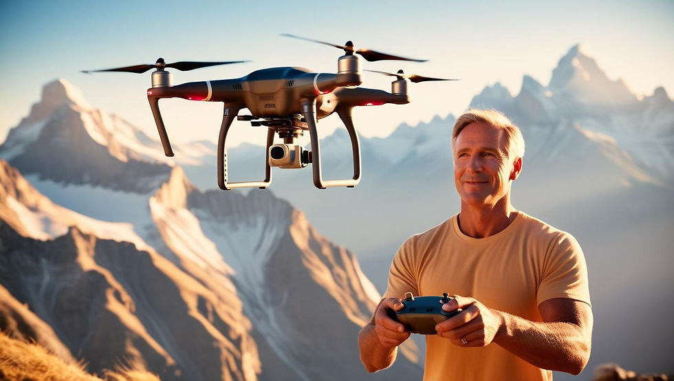Uma pessoa com mais de 50 anos de idade operando um drone em um campo aberto, com o equipamento capturando uma paisagem natural.