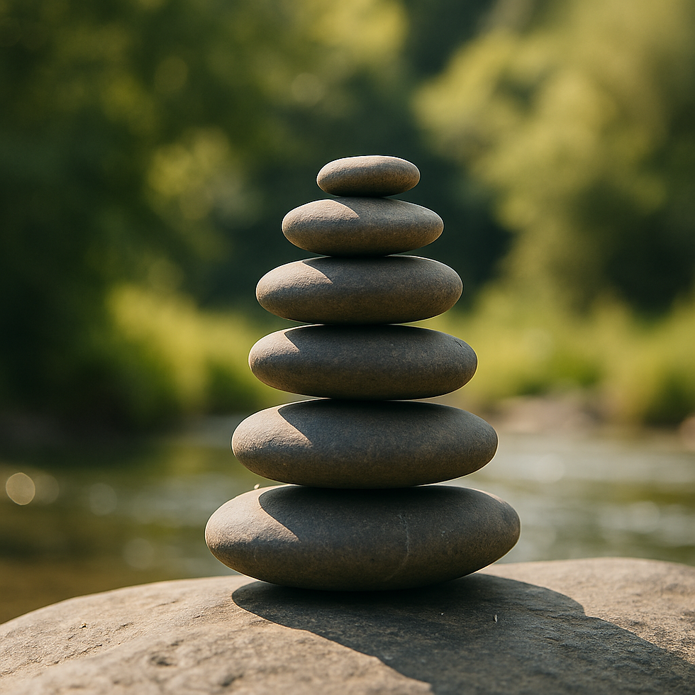Vista aproximada de pedras empilhadas em equilíbrio à beira de um riacho, com água corrente ao fundo e luz suave, simbolizando serenidade, equilíbrio e prática meditativa no cotidiano.