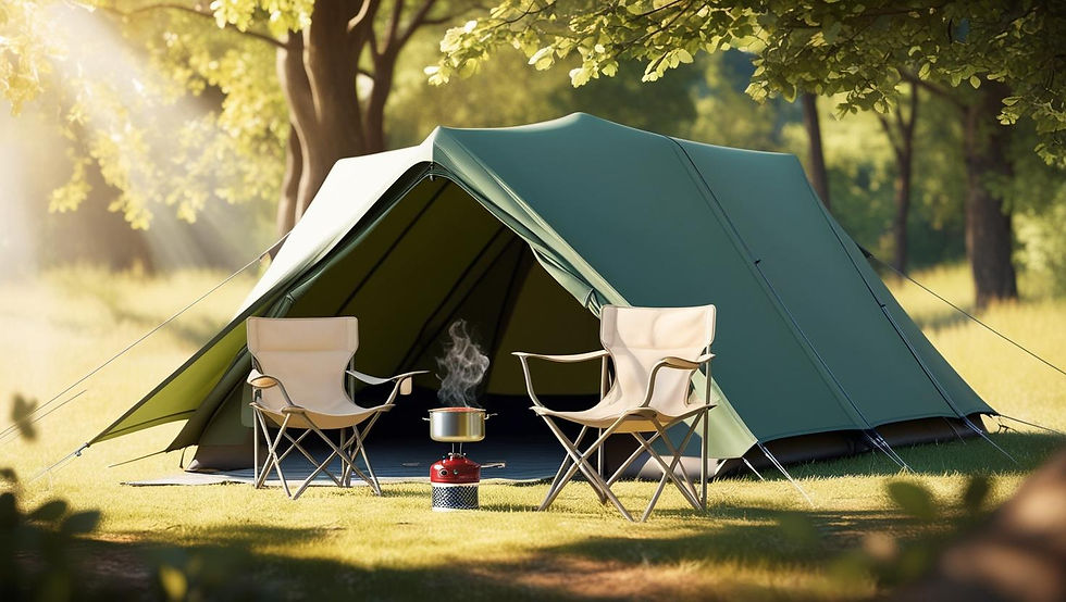 Uma barraca moderna e espaçosa ao lado de uma cadeira dobrável, um fogareiro aceso e lanternas iluminando o espaço em um ambiente natural tranquilo.
