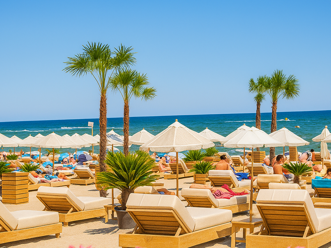 Plaja Axxis Beach din Mamaia - vedere panoramică la nivelul ochilor cu plajă luxoasă și ape cristaline în stațiune de litoral
