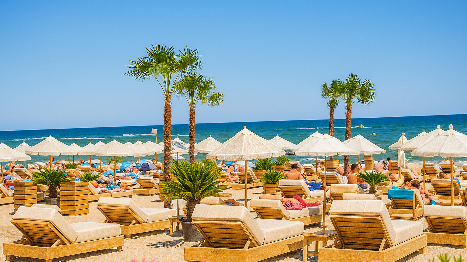 Plaja luxoasă Axxis Beach din Mamaia Nord, situată aproape de cele mai populare cluburi, cu șezlonguri elegante, umbrele colorate și oameni relaxându-se la malul mării