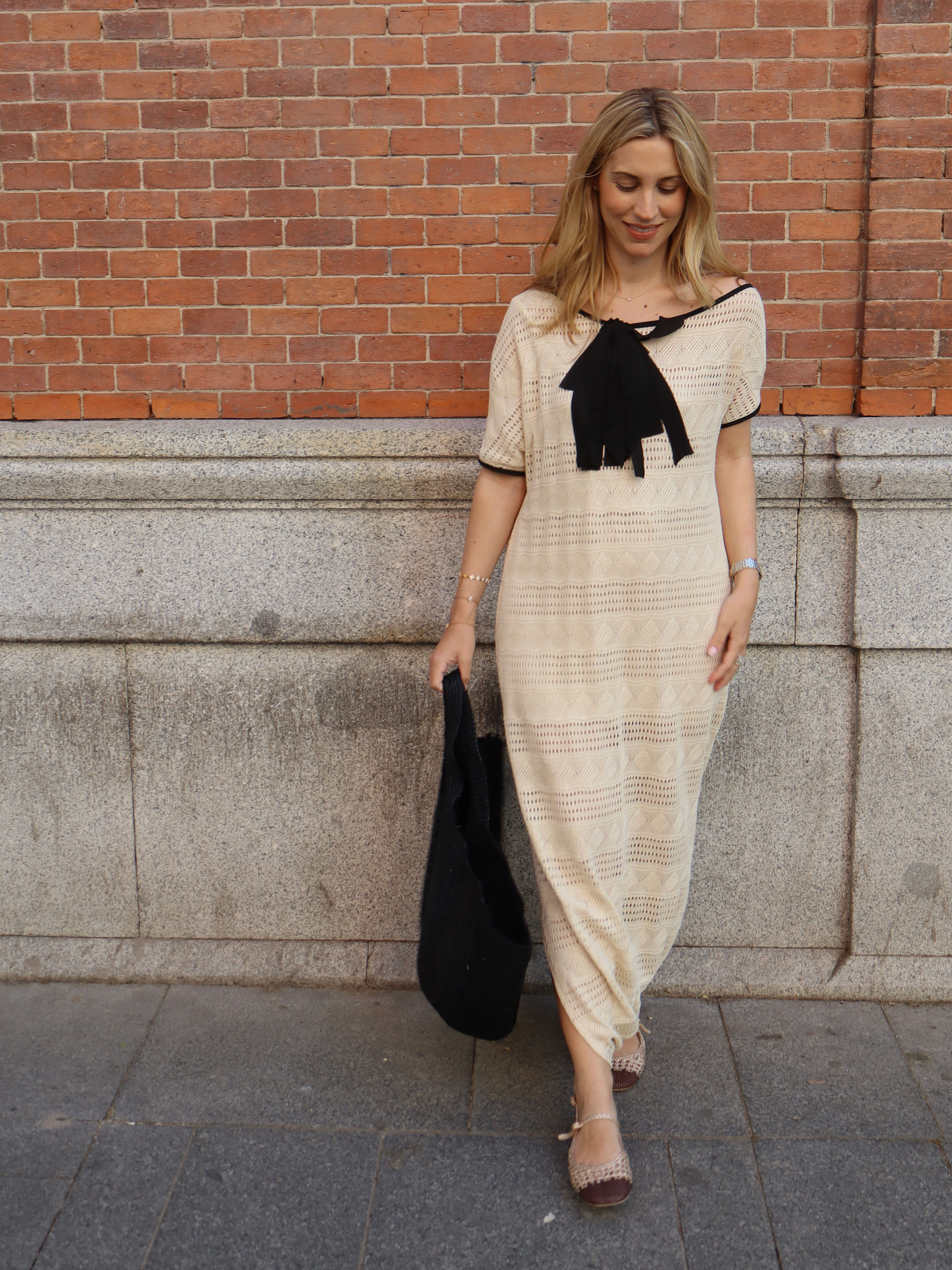 Vestido punto calado bombacho vainilla