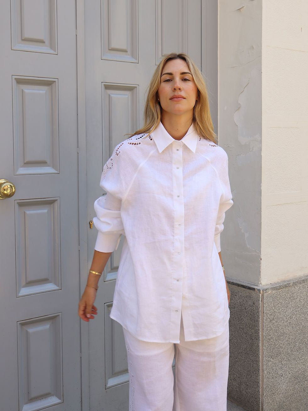 Miniatura: Camisa lino calado manga blanco