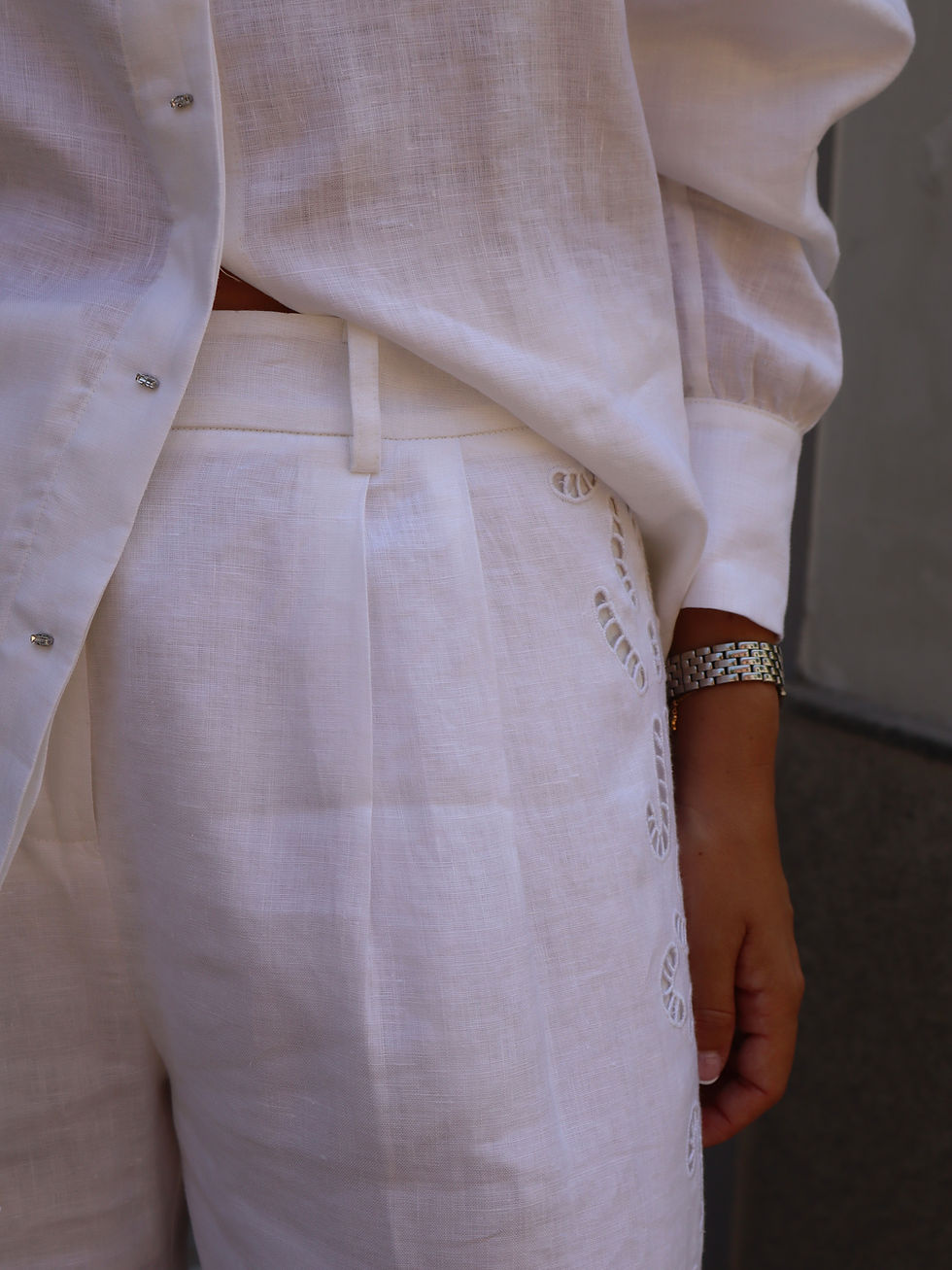 Miniatura: Pantalón lino troquelado blanco